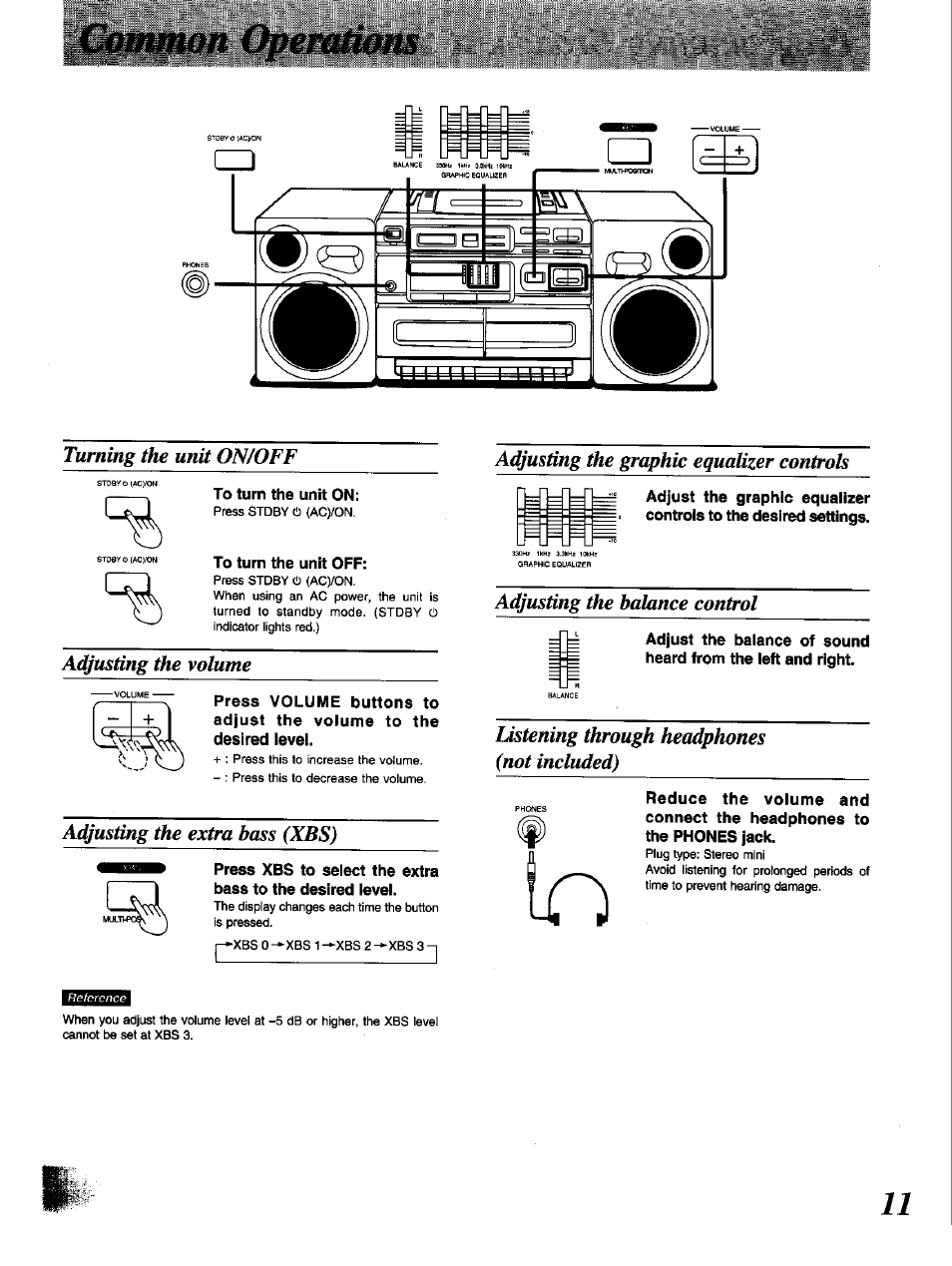 Turning the unit on/off, Adjusting the volume, Adjusting the extra bass (xbs) | Adjusting the graphic equalizer controls, Adjusting the balance control, Listening through headphones (not included) | Panasonic RX-DT650 User Manual | Page 11 / 28