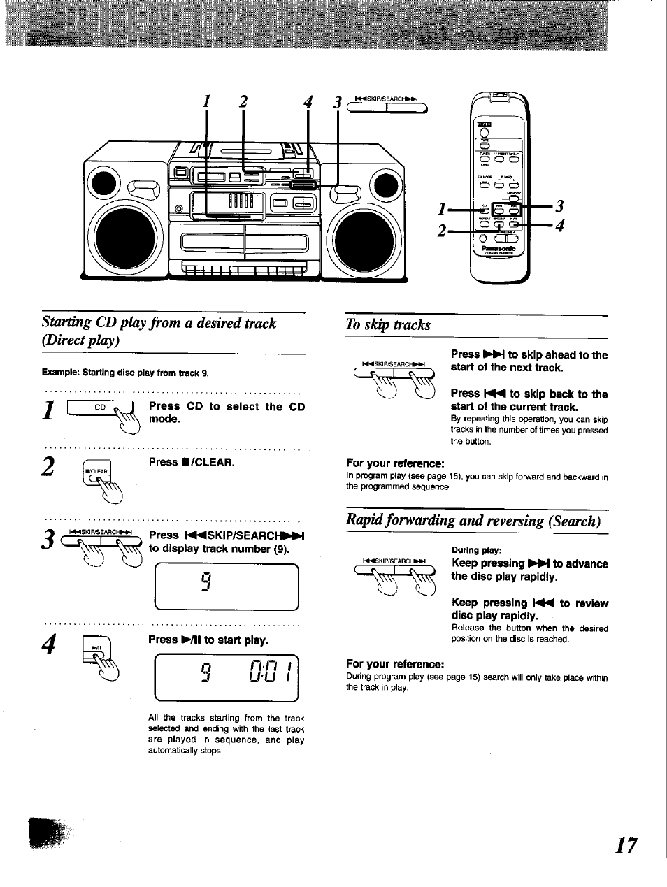 To skip tracks, Rapid forwarding and reversing (search) | Panasonic RX-DT650 User Manual | Page 17 / 28