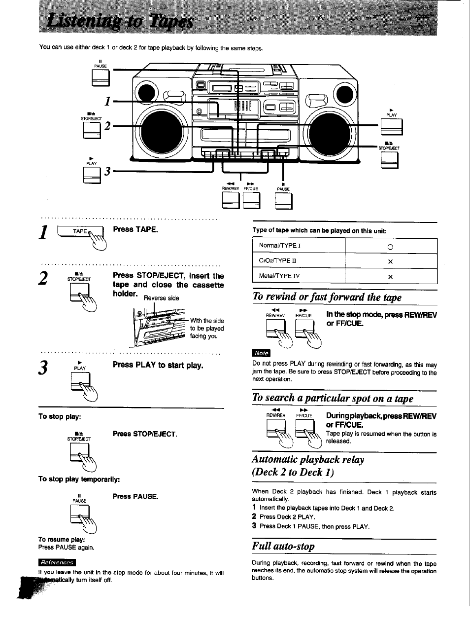 To rewind or fast forward the tape, To search a particular spot on a tape, Automatic playback relay (deck 2 to deck 1) | Full autostop | Panasonic RX-DT650 User Manual | Page 18 / 28