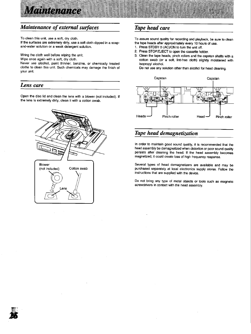 Maintenance, Maintenance of external surfaces, Lens care | Tape head care, Tape head demagnetization | Panasonic RX-DT650 User Manual | Page 26 / 28