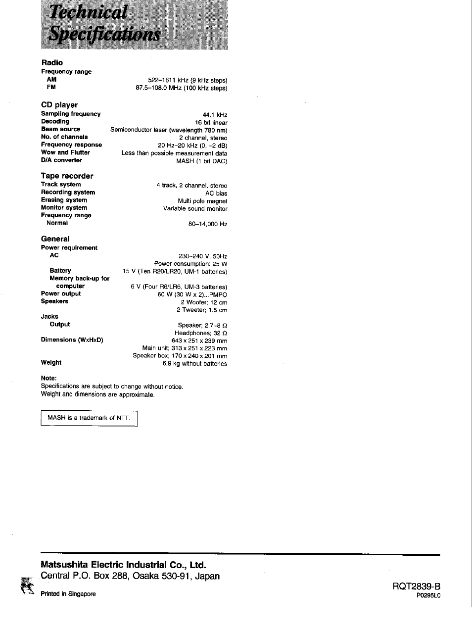 Technical, Specifkatàons, Technical specifkatàons | Panasonic RX-DT650 User Manual | Page 28 / 28