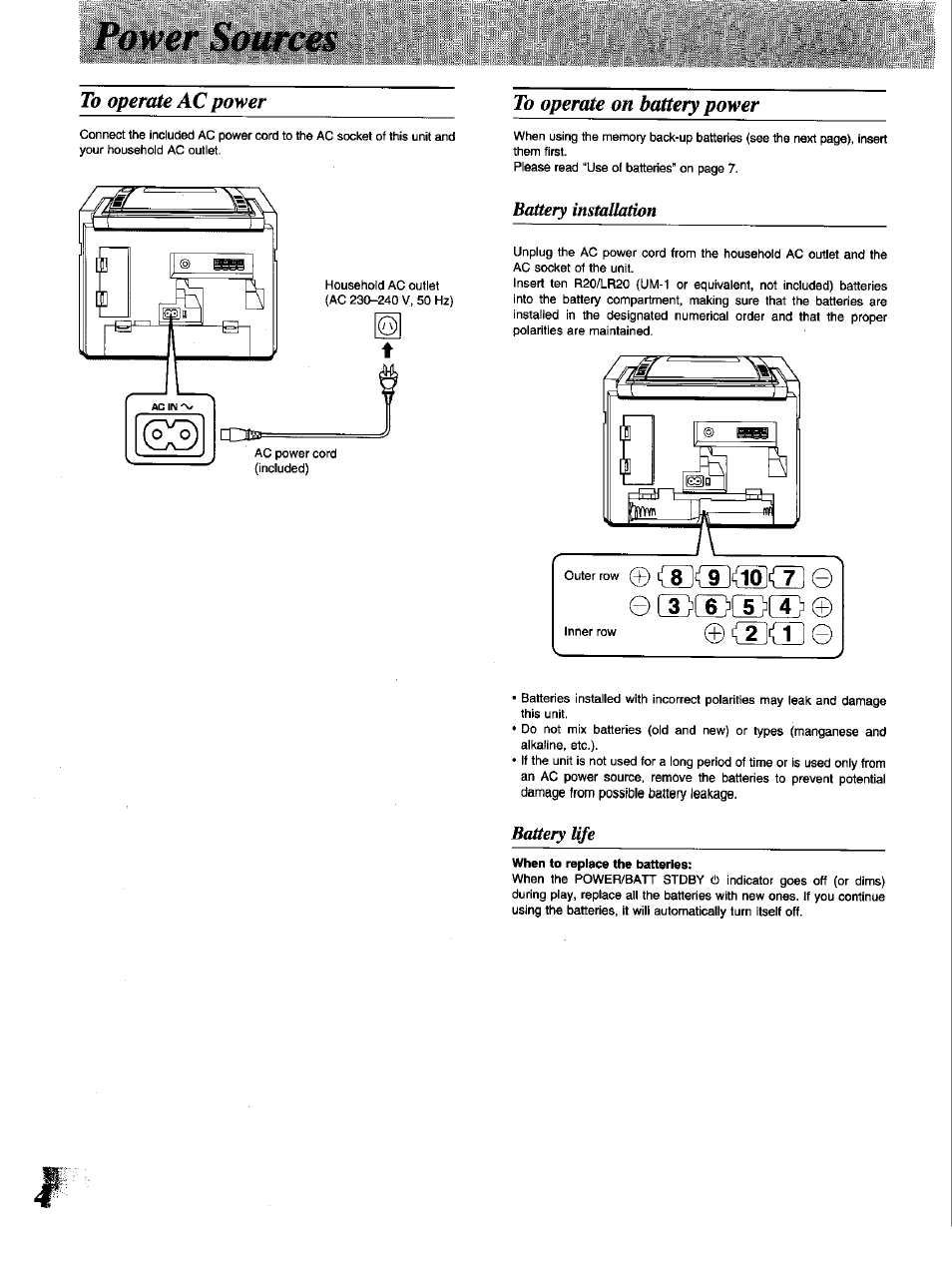 Power sources, To operate ac power, To operate on battery power | 0 cd® cd® © ©ddgde | Panasonic RX-DT650 User Manual | Page 4 / 28