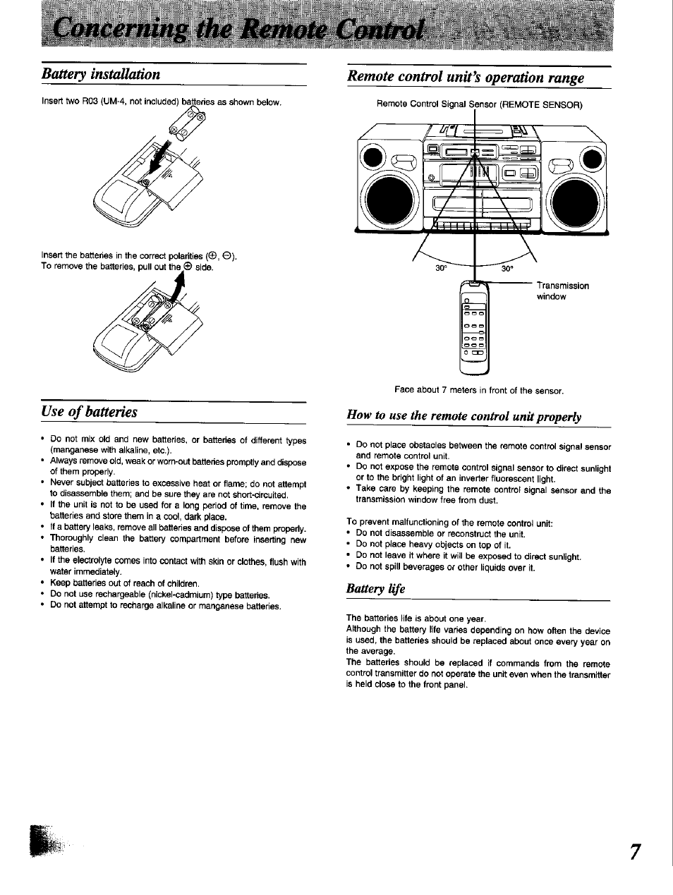 Concerning the remote comnot, Battery installation | Panasonic RX-DT650 User Manual | Page 7 / 28