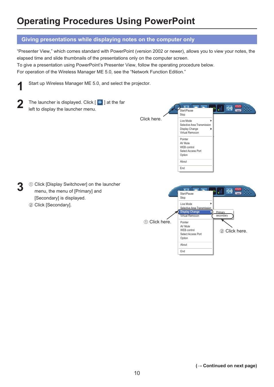 Operating procedures using powerpoint | Panasonic Secondary Display Transmission Function User Manual | Page 10 / 33