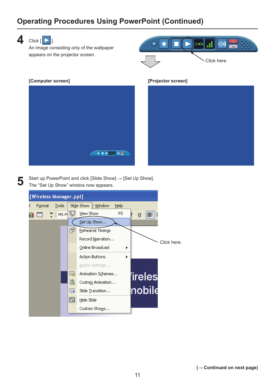 Operating procedures using powerpoint (continued) | Panasonic Secondary Display Transmission Function User Manual | Page 11 / 33