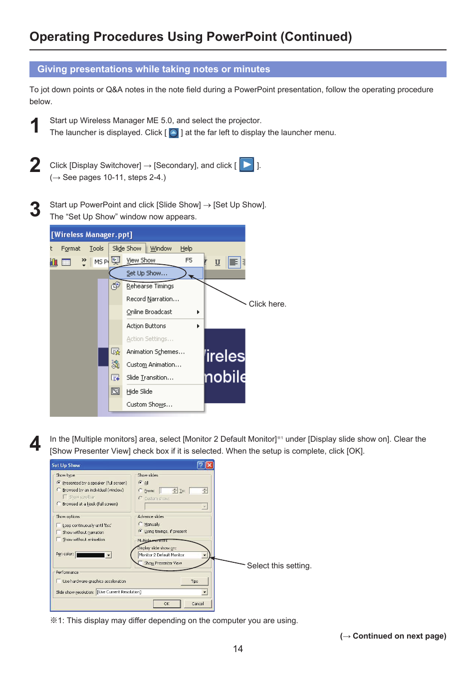 Giving presentations while taking notes or minutes, Operating procedures using powerpoint (continued) | Panasonic Secondary Display Transmission Function User Manual | Page 14 / 33