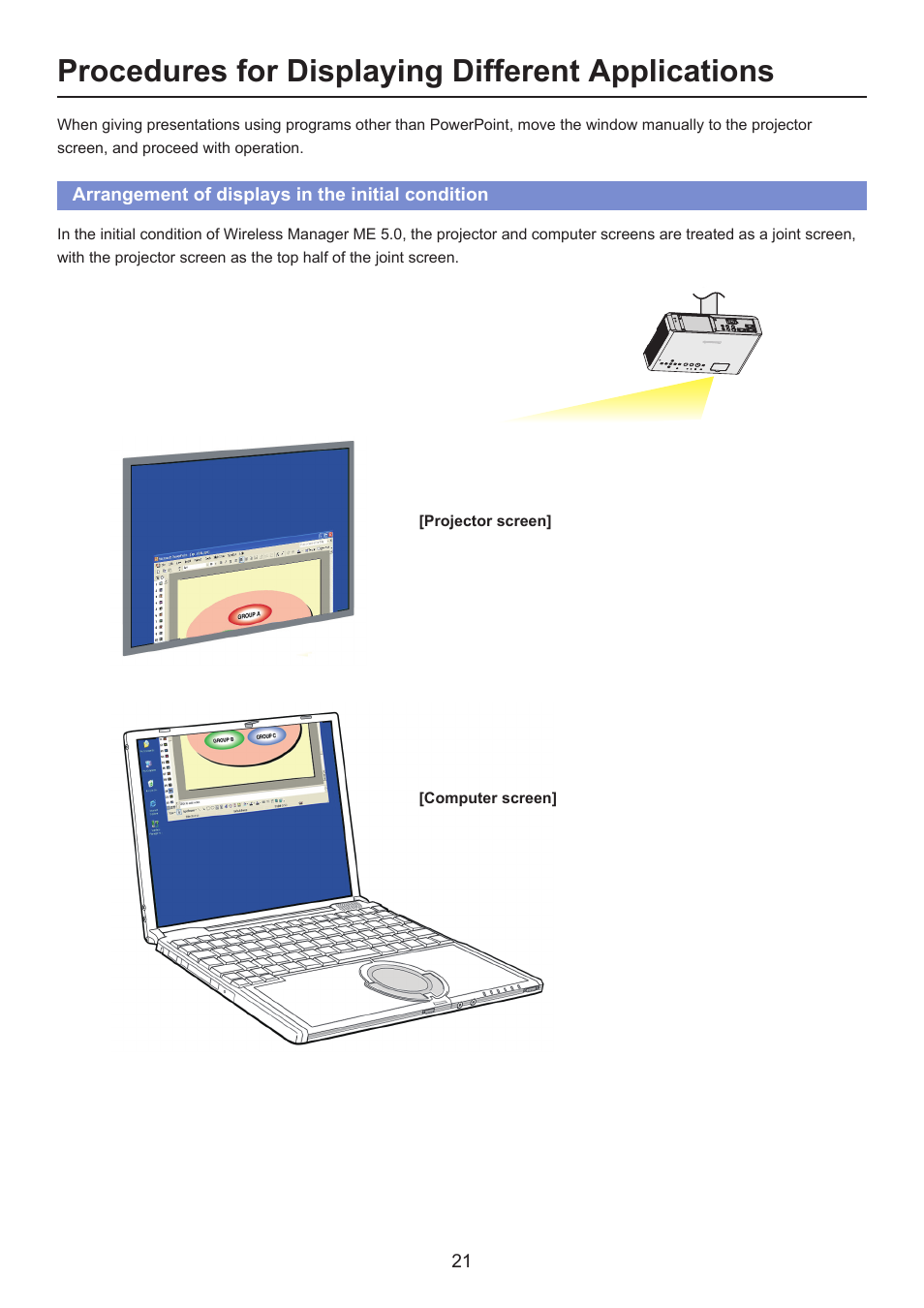 Procedures for displaying different applications, Arrangement of displays in the initial condition | Panasonic Secondary Display Transmission Function User Manual | Page 21 / 33