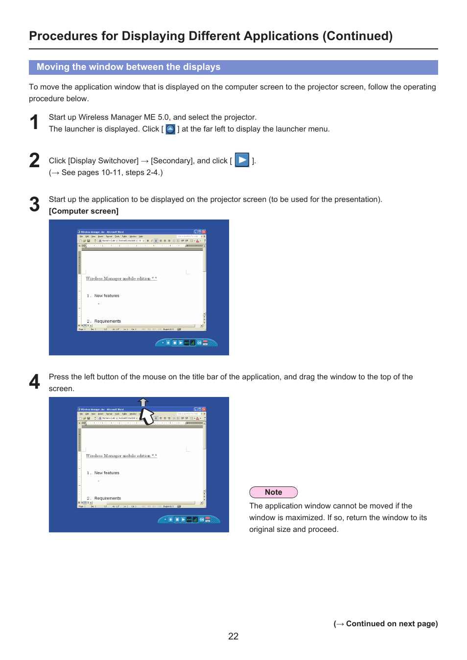 Moving the window between the displays | Panasonic Secondary Display Transmission Function User Manual | Page 22 / 33