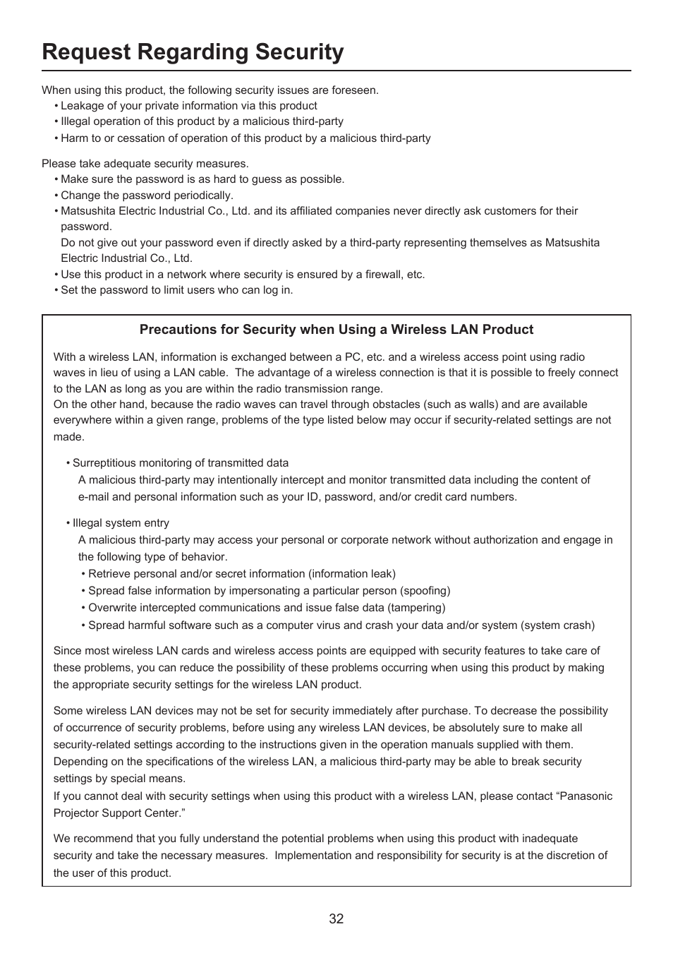 Request regarding security | Panasonic Secondary Display Transmission Function User Manual | Page 32 / 33