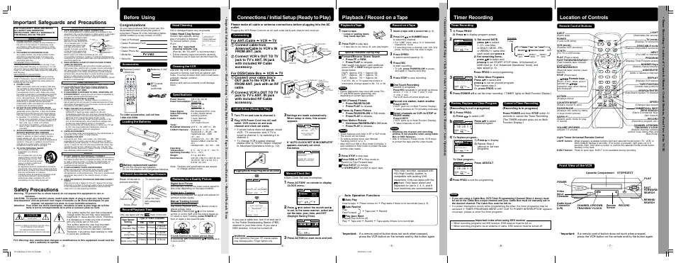 Important safeguards and precautions, Before using, Connections and initial setup (ready to play) | Playback / record on a tape, Timer recording, Location of controls, Connections / initial setup (ready to play), Safety precautions, Front view of the vcr, Lsqt0576b(basic operations) - back | Panasonic PV-V462 User Manual | Page 2 / 4