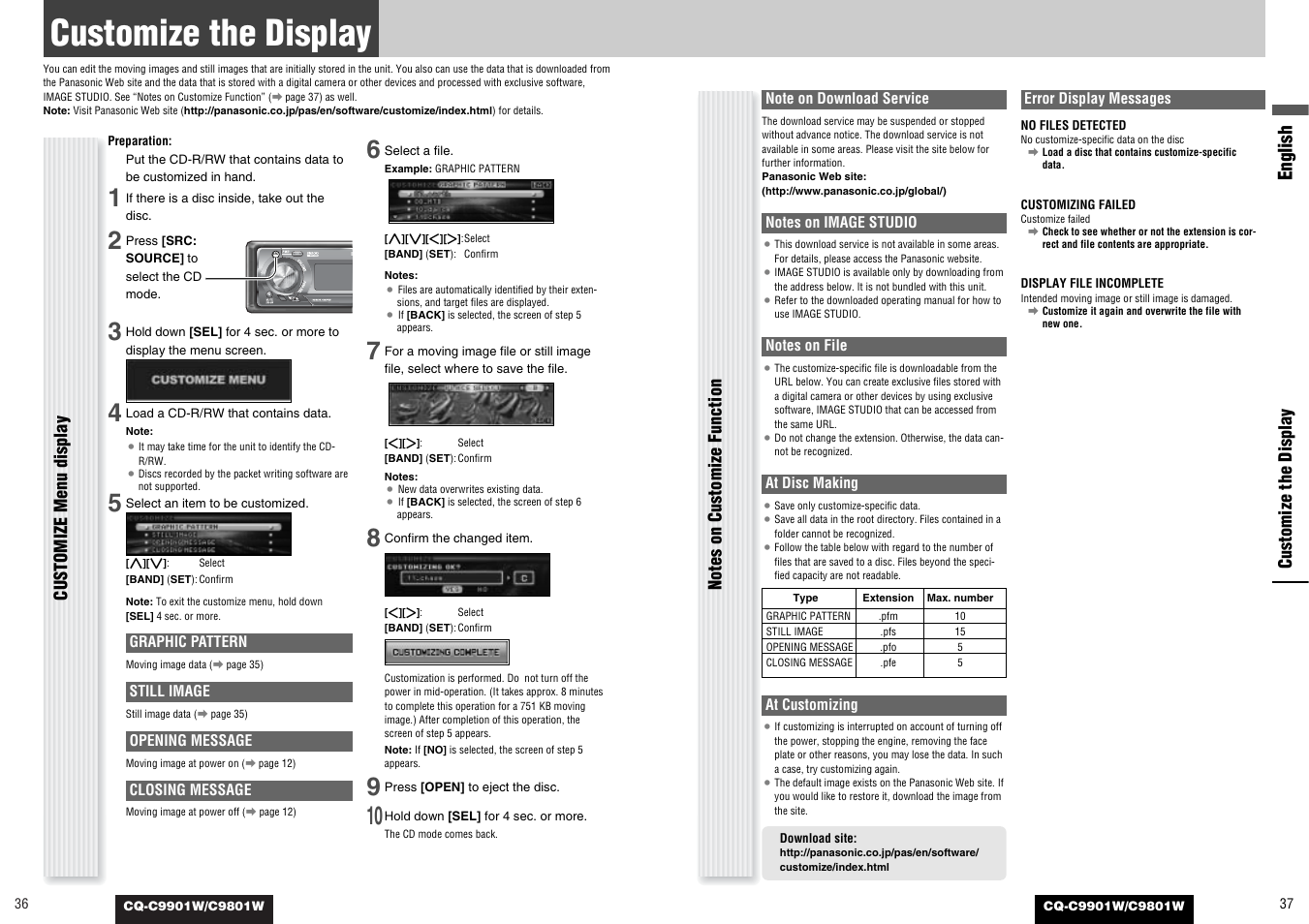 Customize the display, English, Customize menu display | Panasonic C9801W User Manual | Page 18 / 22