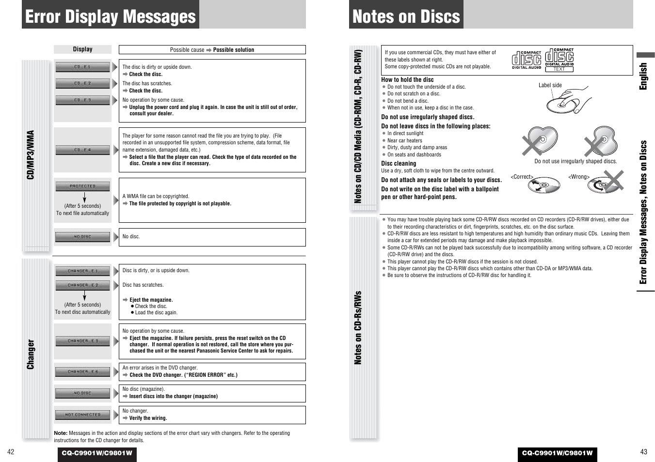 Error display messages, English, Changer | Cd/mp3/wma | Panasonic C9801W User Manual | Page 21 / 22