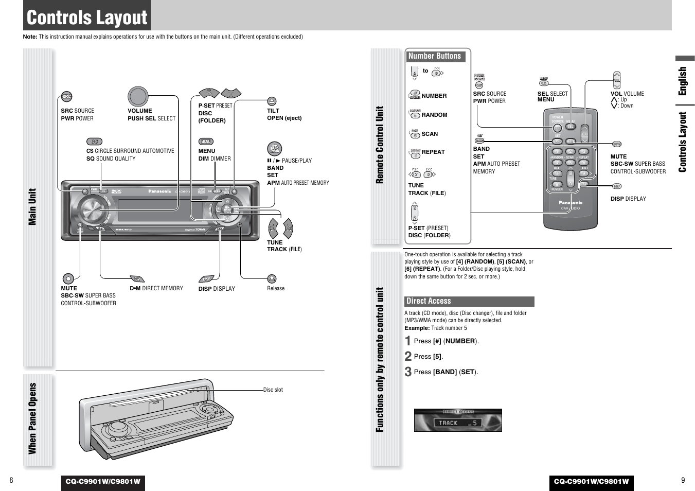 Controls layout, English, When panel opens | Direct access, Number buttons | Panasonic C9801W User Manual | Page 4 / 22