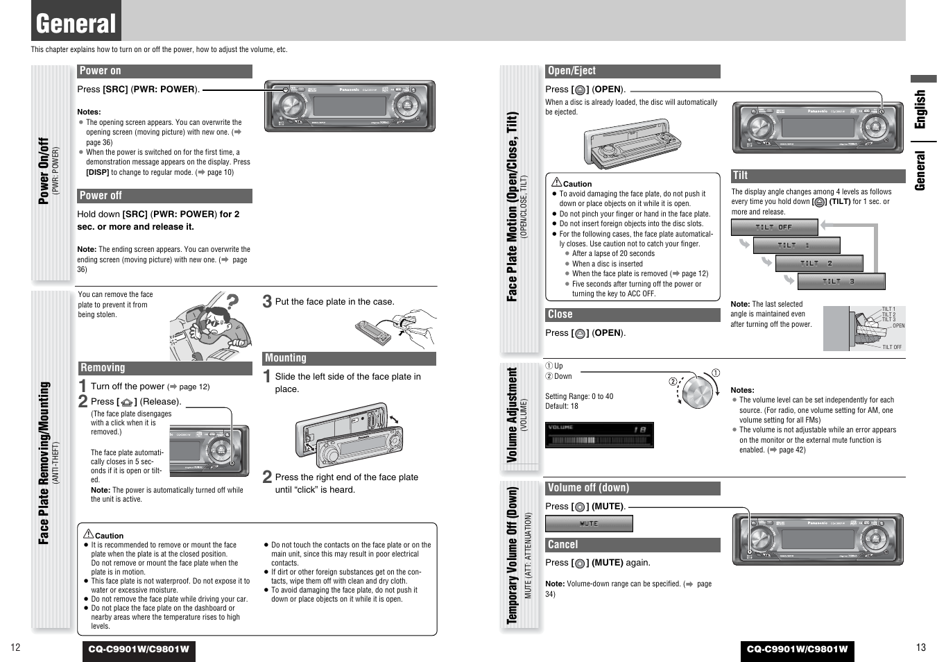 General, English, Power on/off | Face plate motion (open/close, t ilt), Volume adjustment, Temporar y v olume off (down), Face plate removing/mounting | Panasonic C9801W User Manual | Page 6 / 22