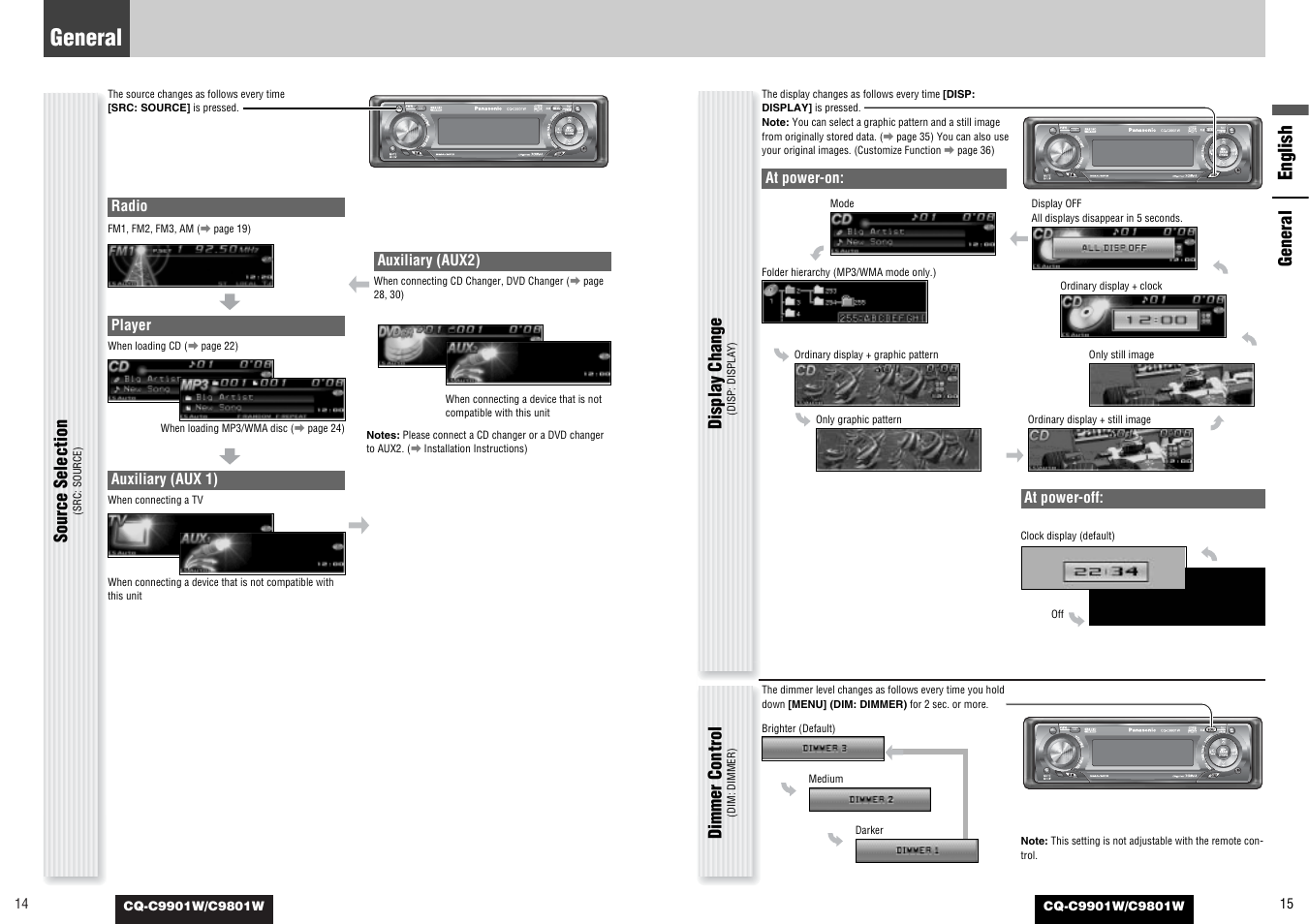 English, General, Display change | Dimmer control, Source selection, At power-off, At power-on, Radio, Player auxiliary (aux 1) auxiliary (aux2) | Panasonic C9801W User Manual | Page 7 / 22