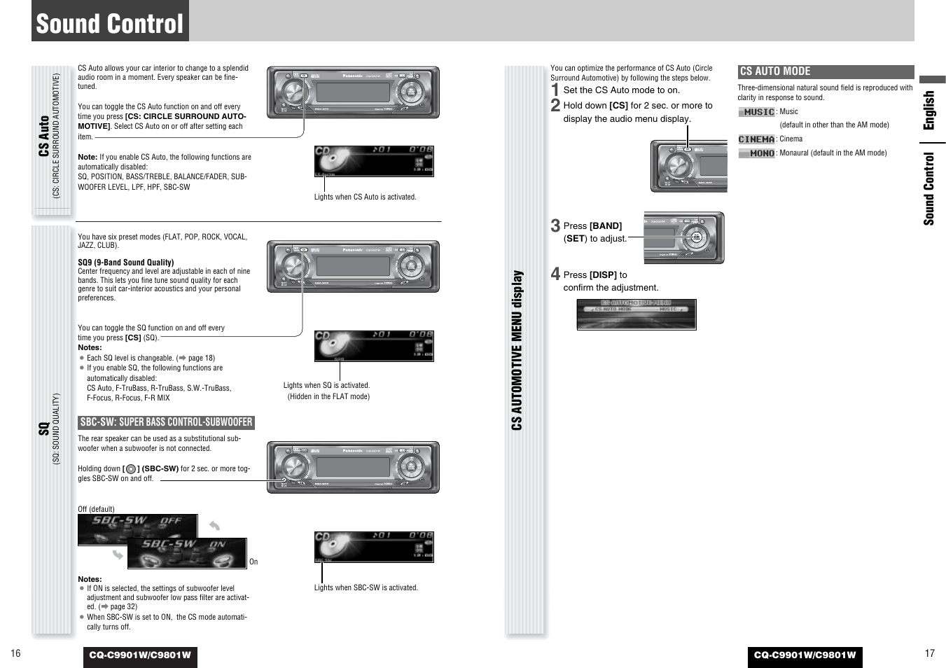 General, English, Sound control | Cs auto, Cs automotive menu display | Panasonic C9801W User Manual | Page 8 / 22