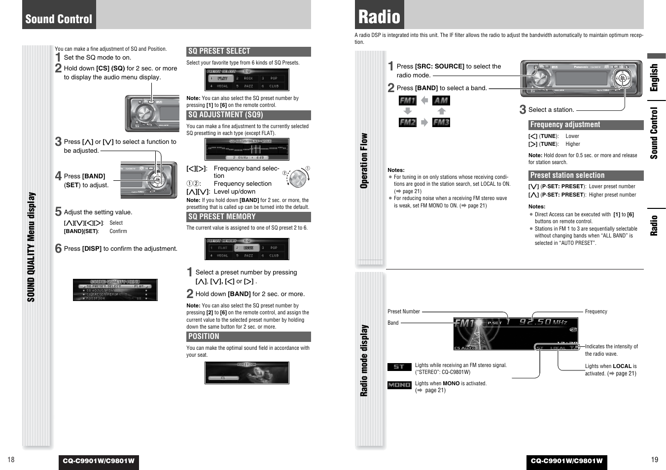 Radio, Sound control, English | Panasonic C9801W User Manual | Page 9 / 22