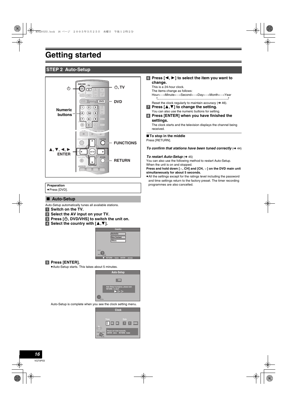 Getting started, Step 2 auto-setup, Auto-setup | 7] press [ 3 , 4 ] to change the setting, Numeric buttons | Panasonic DIGA DMR-ES30V User Manual | Page 16 / 76