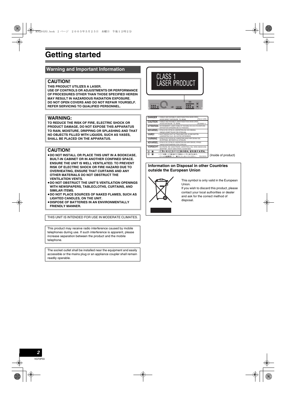 Getting started, Warning and important information caution, Warning | Caution | Panasonic DIGA DMR-ES30V User Manual | Page 2 / 76