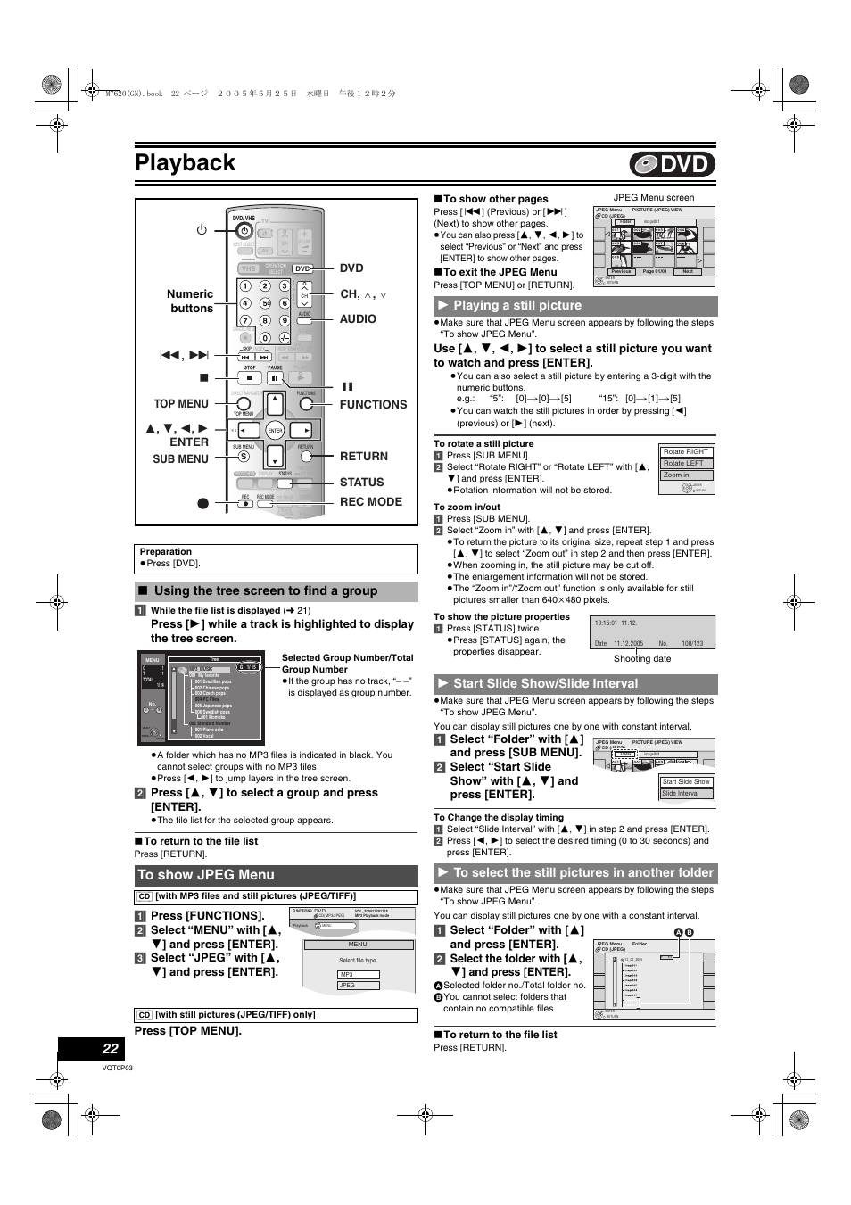 To show jpeg menu, L 22), Playback | Using the tree screen to find a group, 1 playing a still picture, Numeric buttons | Panasonic DIGA DMR-ES30V User Manual | Page 22 / 76