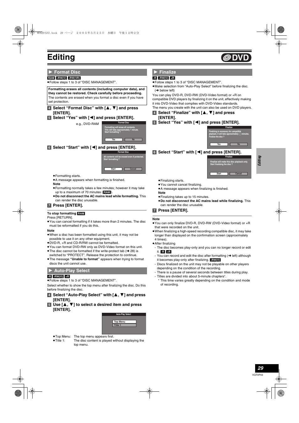 L 29, L 29) t, L 29) | L 29, format disc), Editing | Panasonic DIGA DMR-ES30V User Manual | Page 29 / 76