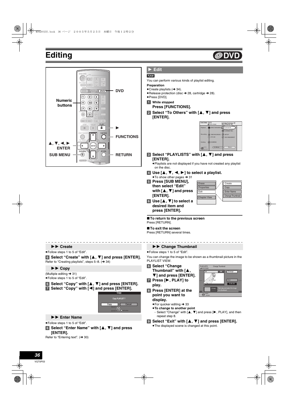 L 36), Editing, 1 edit | 6] select “create” with [ 3 , 4 ] and press [enter, 9] select “exit” with [ 3 , 4 ] and press [enter, Numeric buttons, 11 change thumbnail | Panasonic DIGA DMR-ES30V User Manual | Page 36 / 76