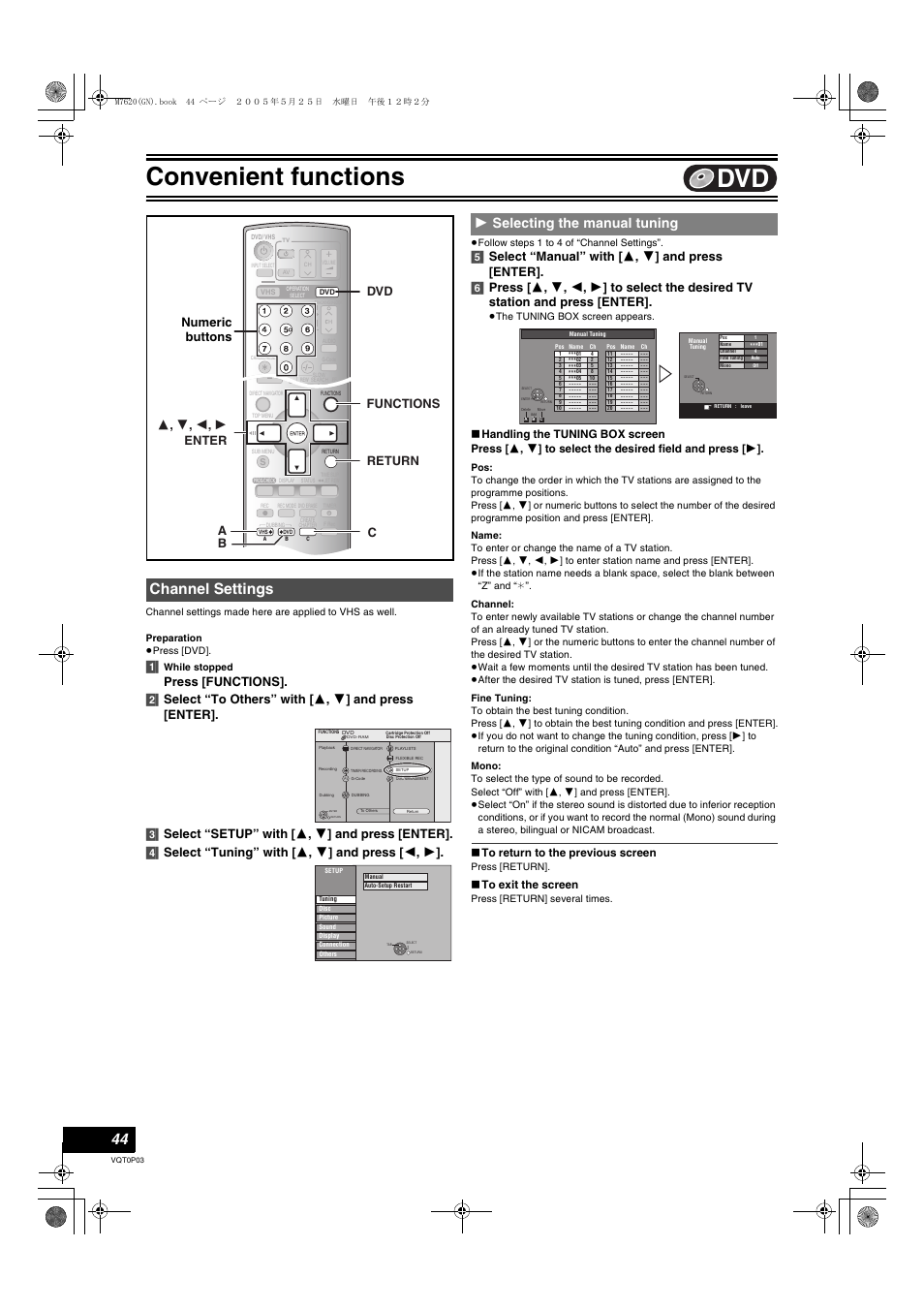 L 44), Convenient functions, Channel settings | 1 selecting the manual tuning, Numeric buttons, 3 , 4 , 2 , 1 enter functions return dvd a b c | Panasonic DIGA DMR-ES30V User Manual | Page 44 / 76