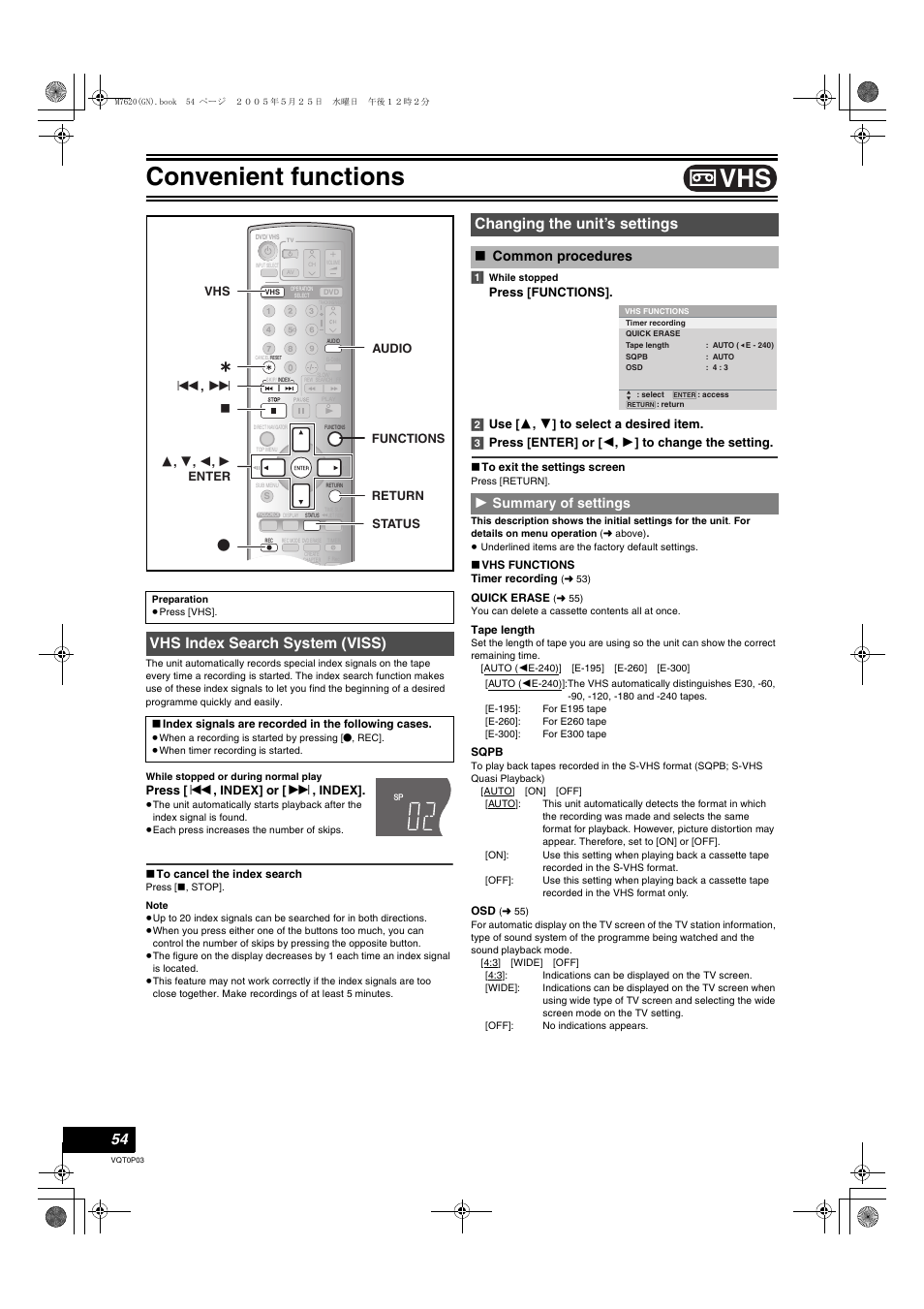 Convenient functions, Common procedures, Summary of settings | L 54), Vhs index search system (viss), Changing the unit’s settings, Common procedures 1 summary of settings, Press [ : , index] or [ 9 , index | Panasonic DIGA DMR-ES30V User Manual | Page 54 / 76