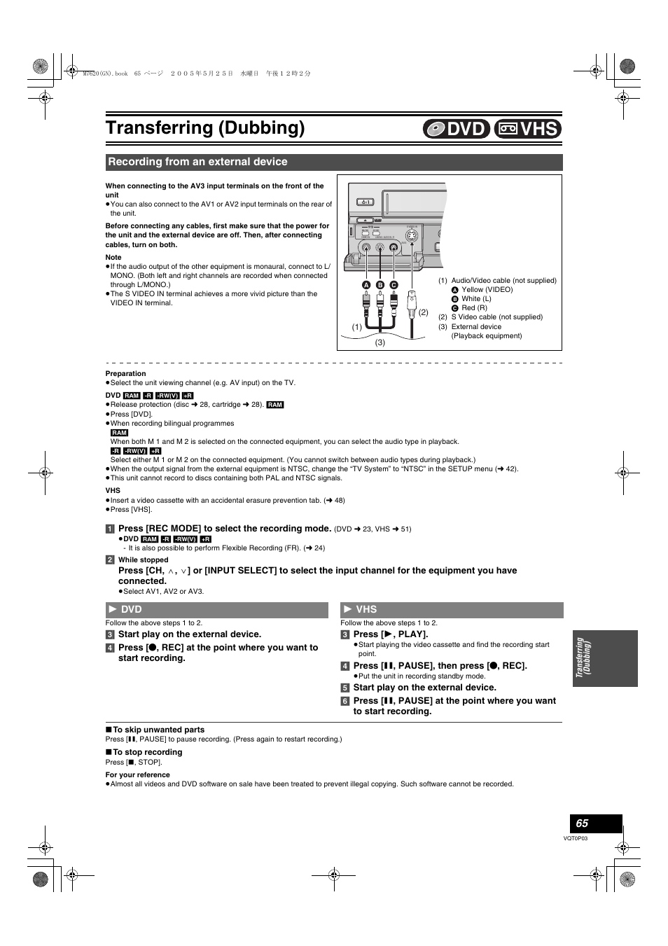 Recording from an external device, Dvd - vhs, L 65) | Transferring (dubbing), Vhs dvd | Panasonic DIGA DMR-ES30V User Manual | Page 65 / 76