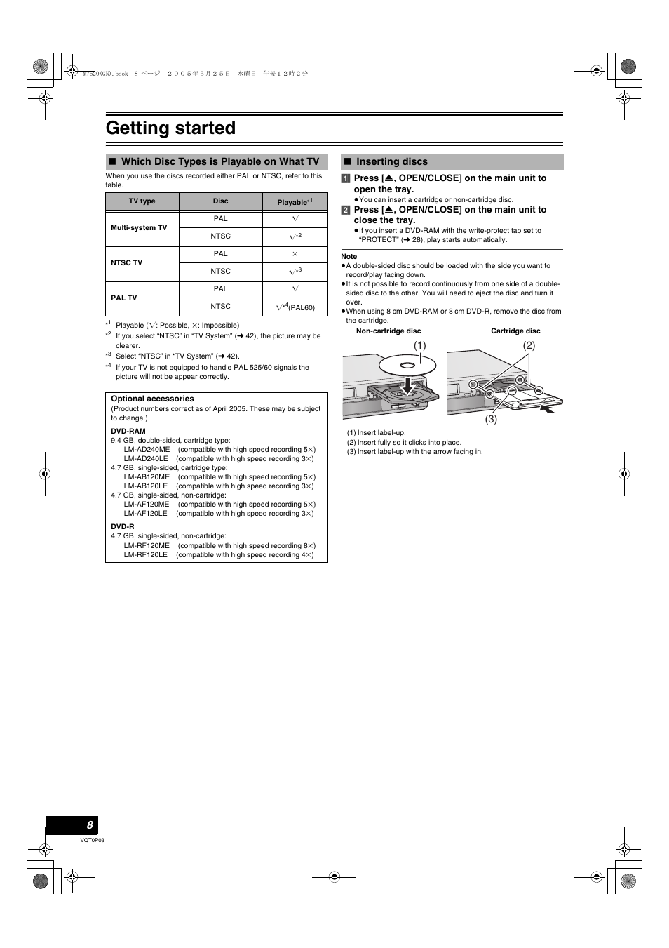 Getting started, Which disc types is playable on what tv, Inserting discs (1) (2) (3) | Panasonic DIGA DMR-ES30V User Manual | Page 8 / 76