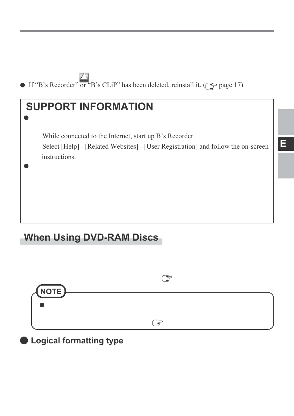 Support information, When using dvd-ram discs, Logical formatting type | Panasonic CF-VDM292U User Manual | Page 21 / 96