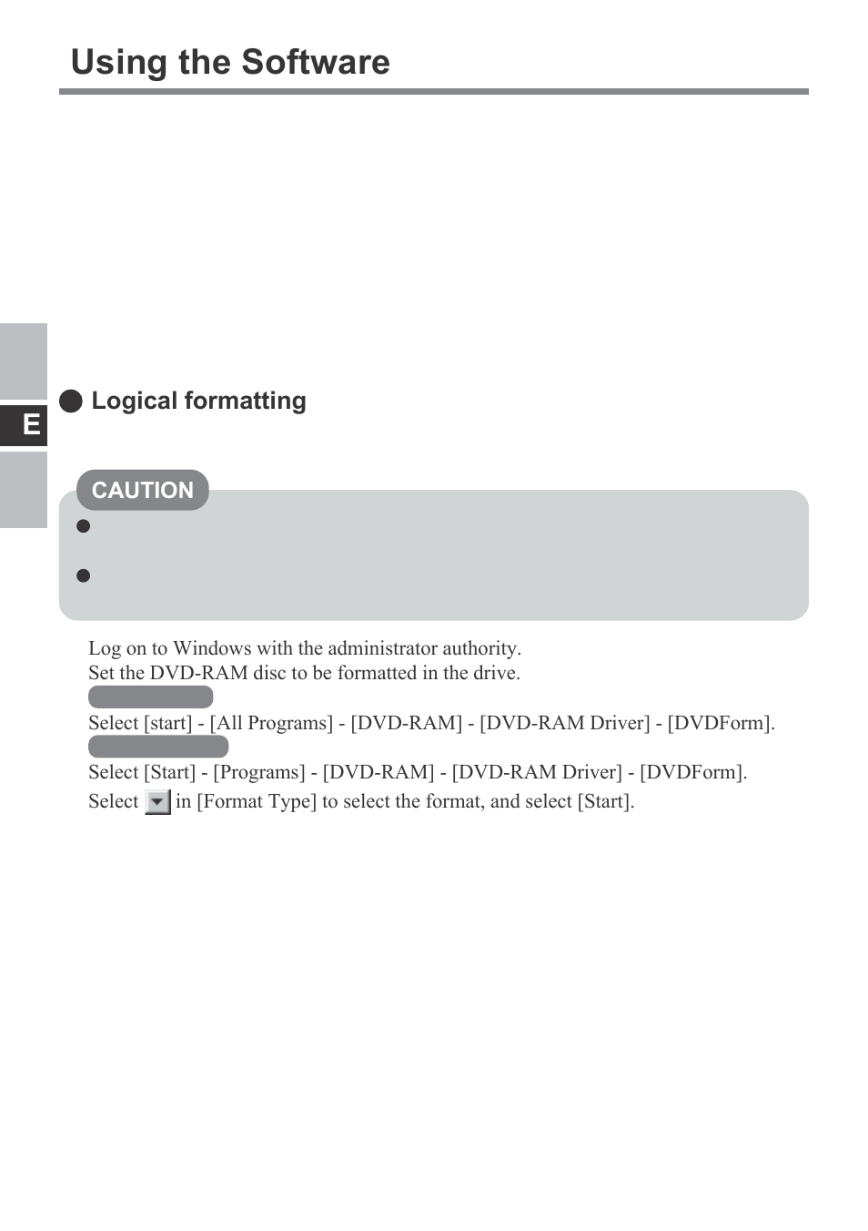 Using the software, Logical formatting | Panasonic CF-VDM292U User Manual | Page 22 / 96