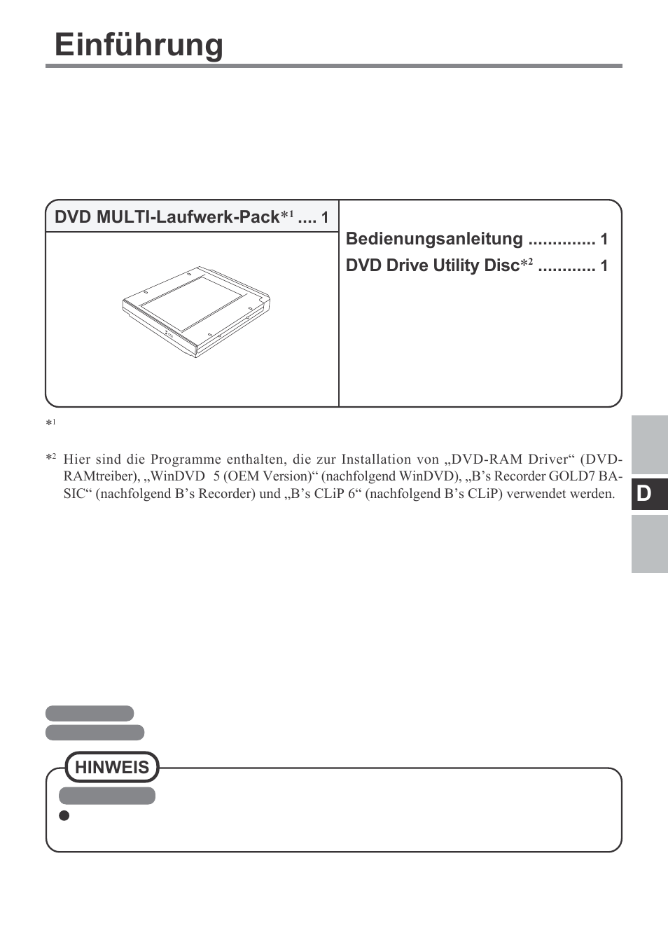 Einführung, Dvd multi-laufwerk-pack, Bedienungsanleitung | Dvd drive utility disc, Hinweis | Panasonic CF-VDM292U User Manual | Page 25 / 96