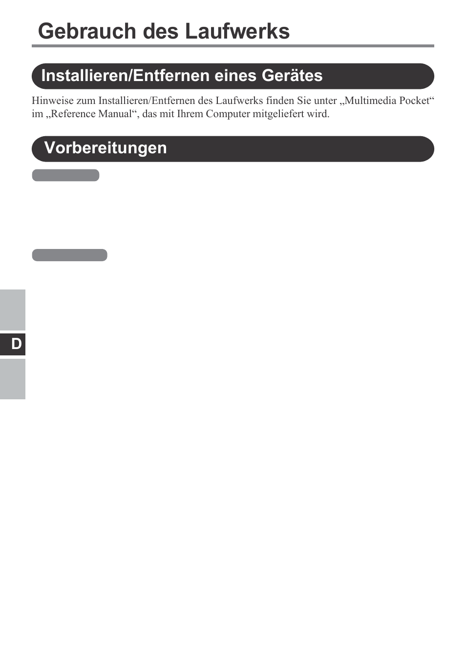 Gebrauch des laufwerks, Installieren/entfernen eines gerätes, Vorbereitungen | Panasonic CF-VDM292U User Manual | Page 28 / 96