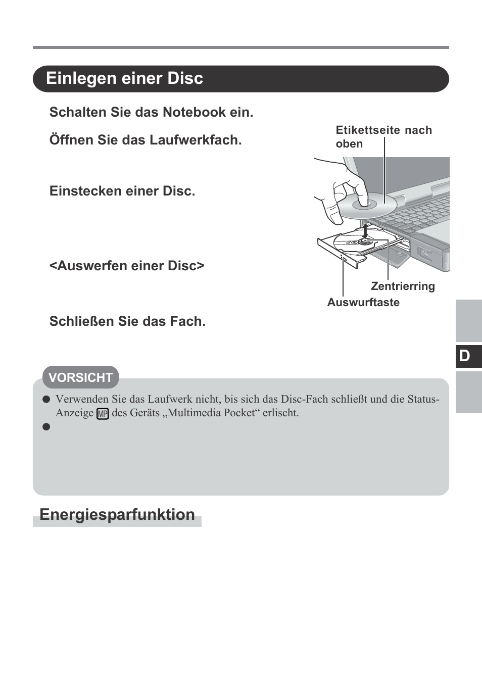 Einlegen einer disc, Energiesparfunktion | Panasonic CF-VDM292U User Manual | Page 29 / 96