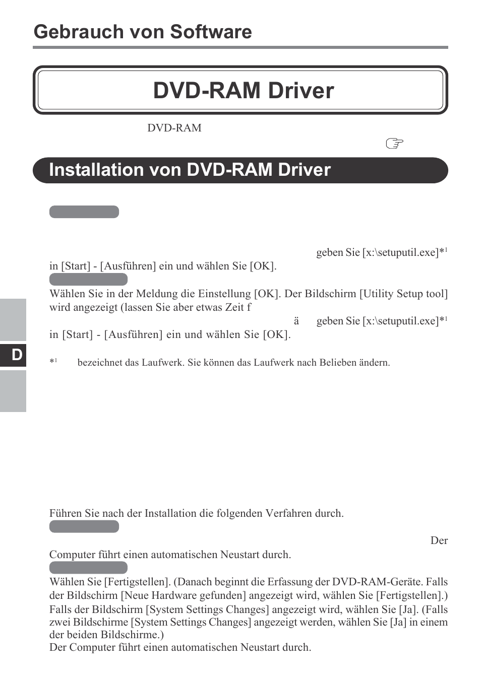 Dvd-ram driver, Gebrauch von software, Installation von dvd-ram driver | Panasonic CF-VDM292U User Manual | Page 34 / 96