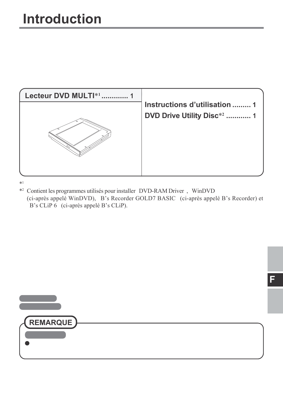 Introduction, Lecteur dvd multi, Instructions d’utilisation | Dvd drive utility disc, Remarque | Panasonic CF-VDM292U User Manual | Page 47 / 96