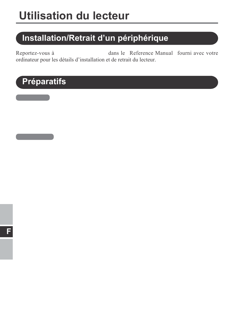 Utilisation du lecteur, Installation/retrait d’un périphérique préparatifs | Panasonic CF-VDM292U User Manual | Page 50 / 96