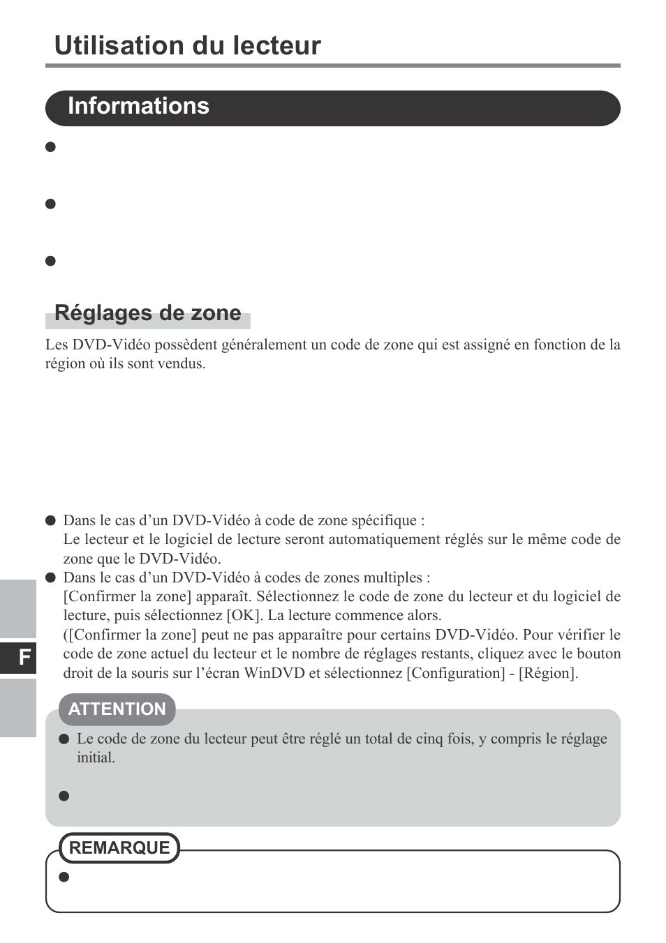 Utilisation du lecteur, Informations, Réglages de zone | Panasonic CF-VDM292U User Manual | Page 52 / 96