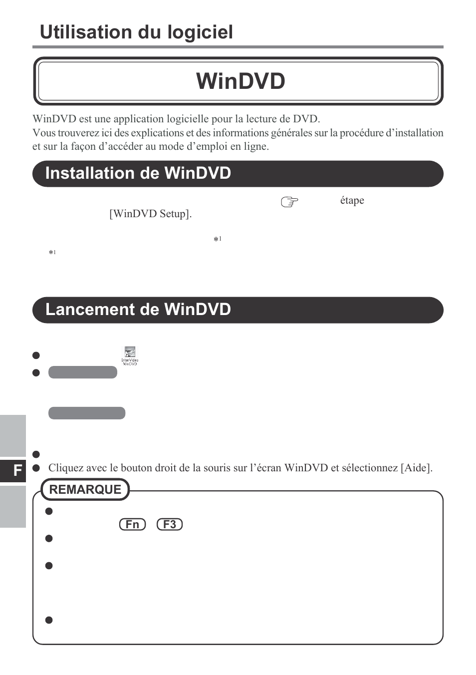 Windvd, Utilisation du logiciel, Lancement de windvd | Installation de windvd | Panasonic CF-VDM292U User Manual | Page 58 / 96