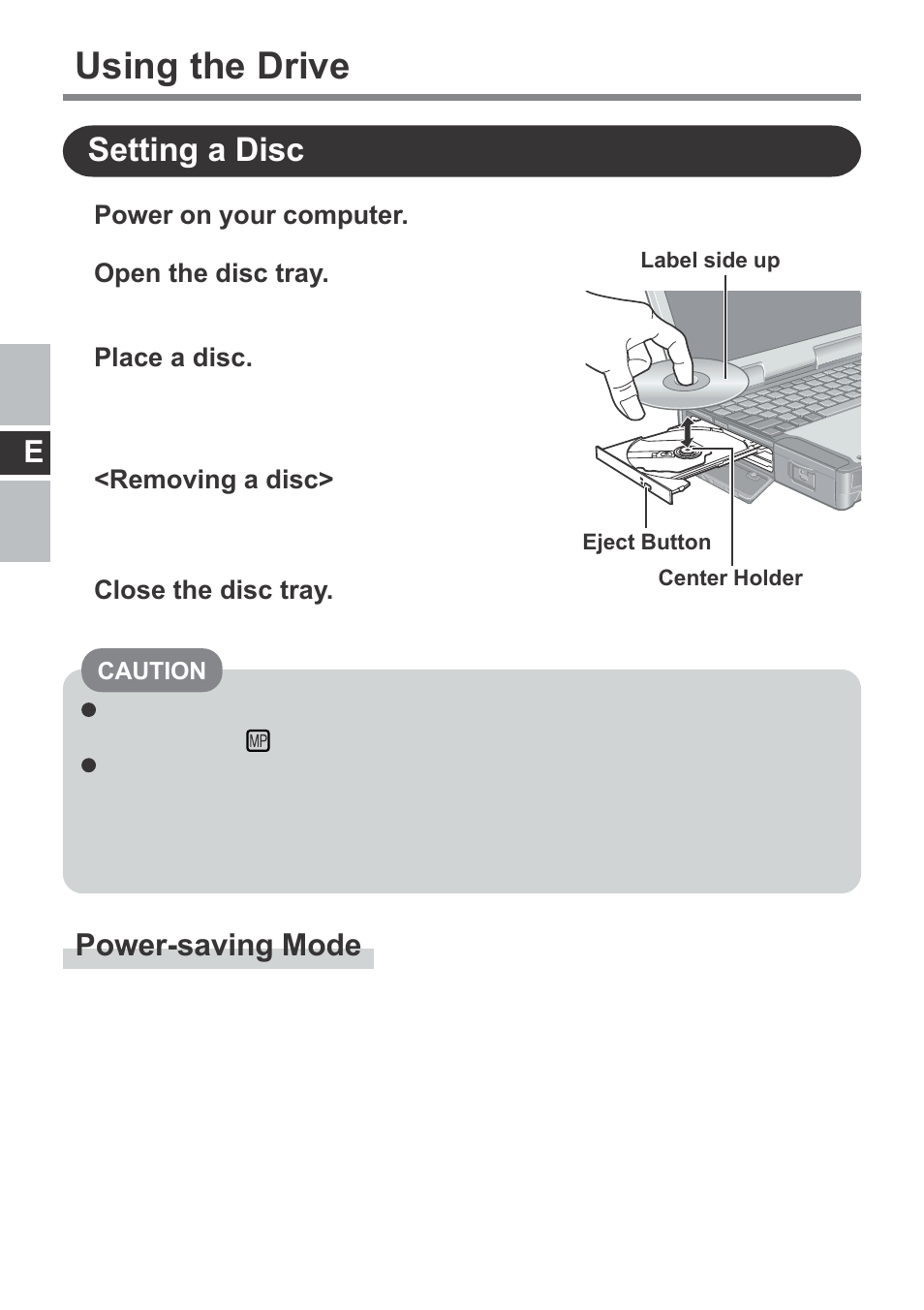 Using the drive, Setting a disc, Power-saving mode | Panasonic CF-VDM292U User Manual | Page 8 / 96