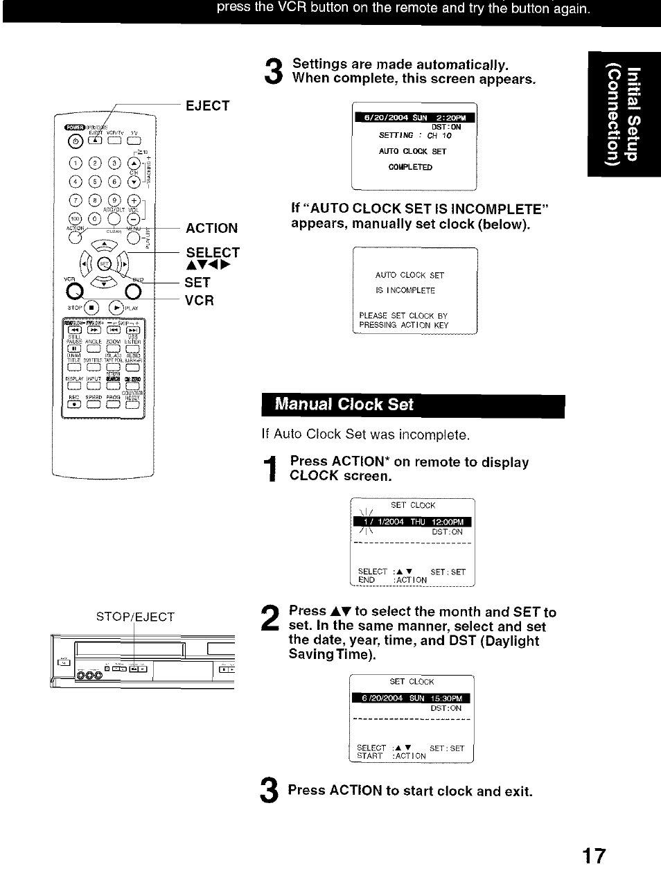 Manual clock set, If auto clock set was incomplete | Panasonic PV-D4734S User Manual | Page 17 / 72