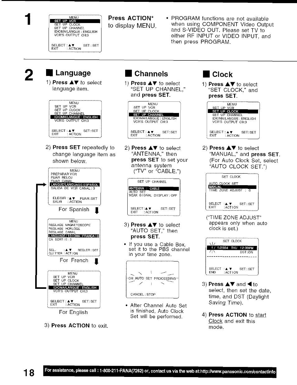 Language, Channels, Clock | Action* to display menu, Press | Panasonic PV-D4734S User Manual | Page 18 / 72