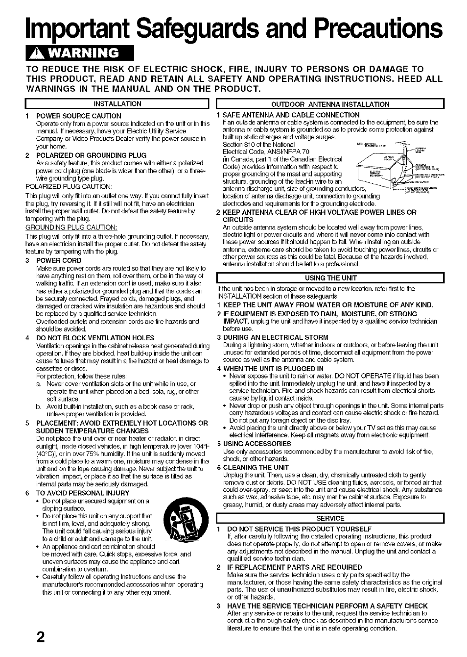 Important safeguards and precautions, Warning | Panasonic PV-D4734S User Manual | Page 2 / 72