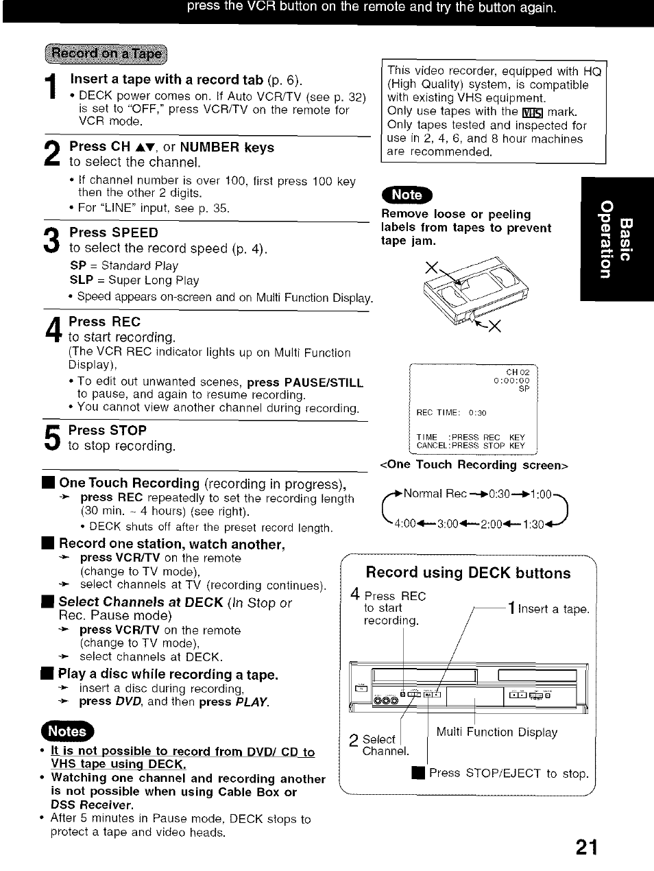 Rfir.ord on a tape, Press speed, Press rec | Press stop, Record using deck buttons | Panasonic PV-D4734S User Manual | Page 21 / 72