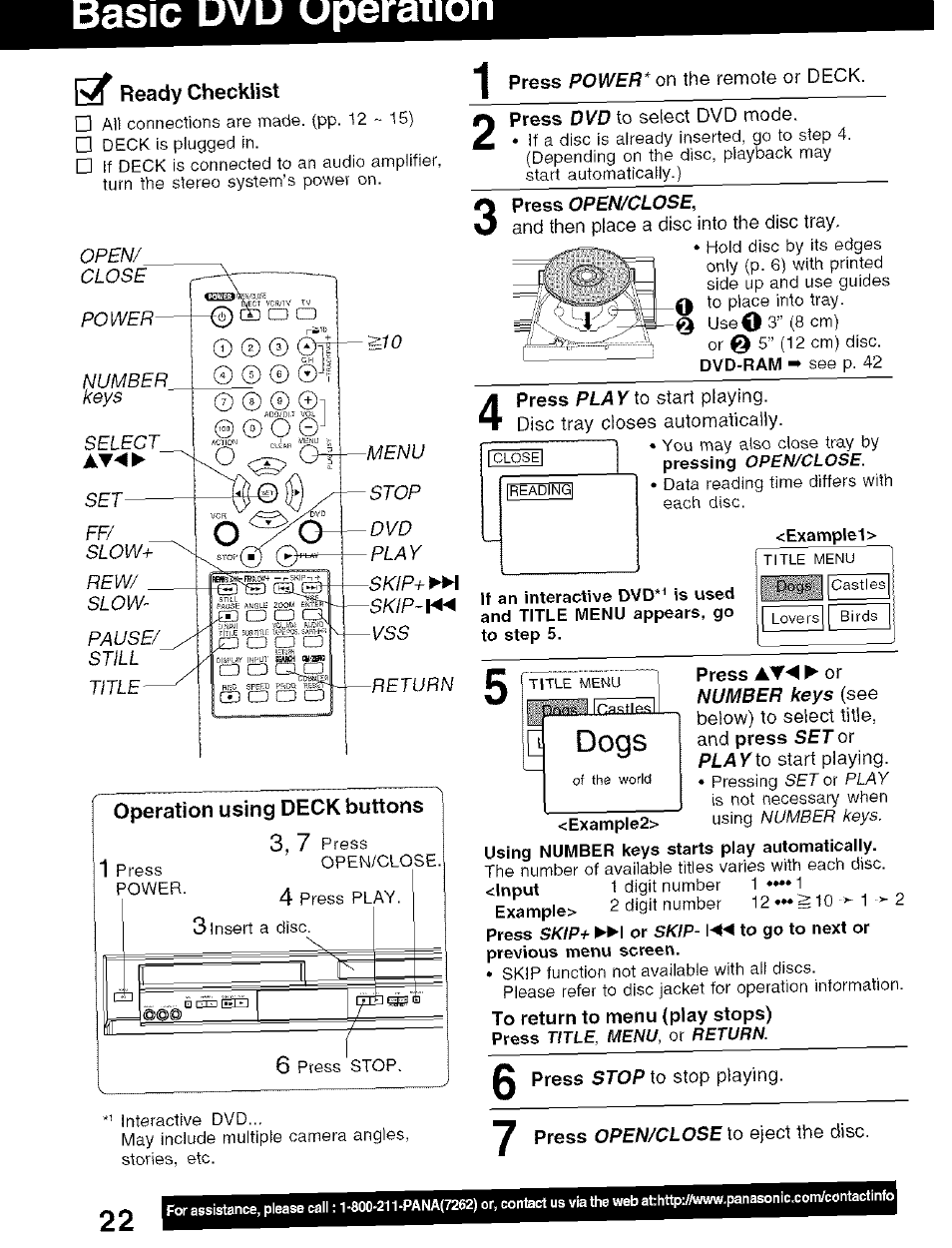 Basic uvu uperaiion, Ready checklist, Operation using deck buttons | Dogs, Title menu castles love rs birds, Of the world | Panasonic PV-D4734S User Manual | Page 22 / 72