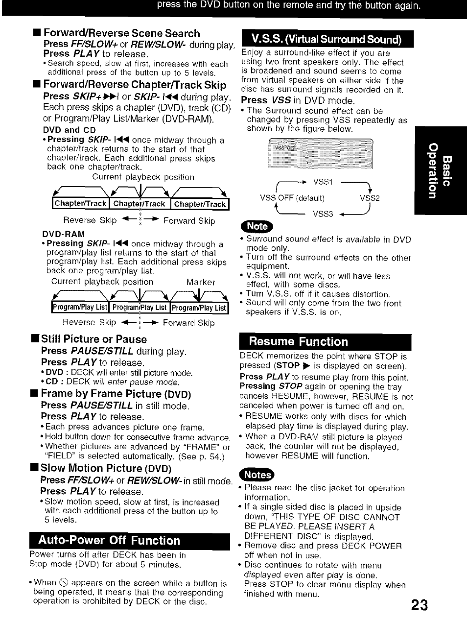 I still picture or pause, I frame by frame picture (dvd), I slow motion picture (dvd) | Auto-power off function, V.s.s. (virtual surround sound), Resume function, I forward/reverse scene search, I forward/reverse chapter/trackskip, Still picture or pause | Panasonic PV-D4734S User Manual | Page 23 / 72