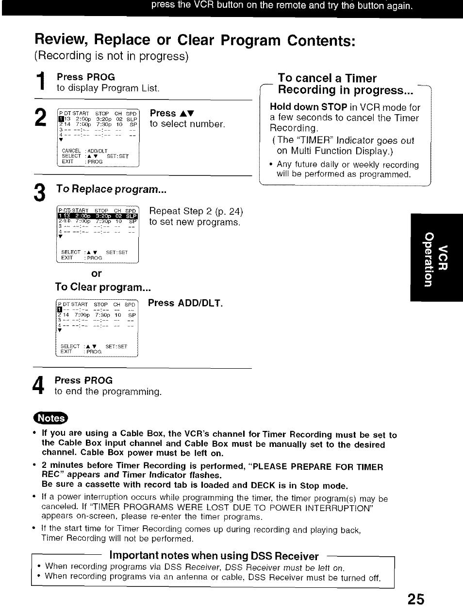 Press prog, To replace program, To cancel a timer recording in progress | To clear program, Press add/dlt, Important notes when using dss receiver, Review, replace or clear program contents, Or to clear program, Repeat step 2 (p. 24) to set new programs | Panasonic PV-D4734S User Manual | Page 25 / 72