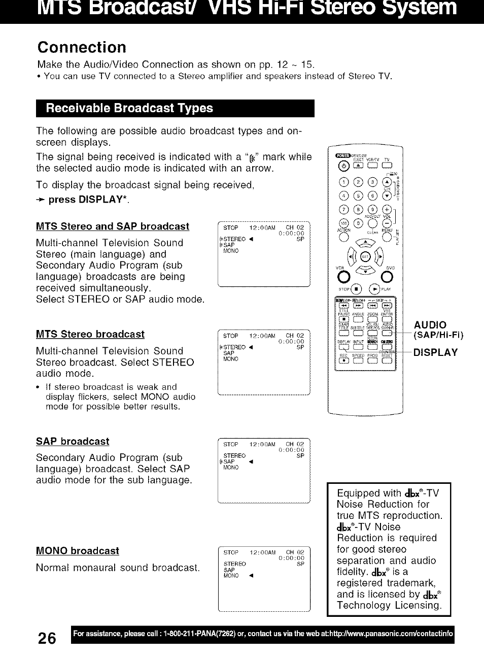 Mtb broadcasu vhb hi-pi btereo bystem, Receivable broadcast types, Mts stereo and sap broadcast | Mts stereo broadcast, Audio, Display, Sap broadcast, Mono broadcast, Mtb broadcasu vhb, Btereo bystem | Panasonic PV-D4734S User Manual | Page 26 / 72