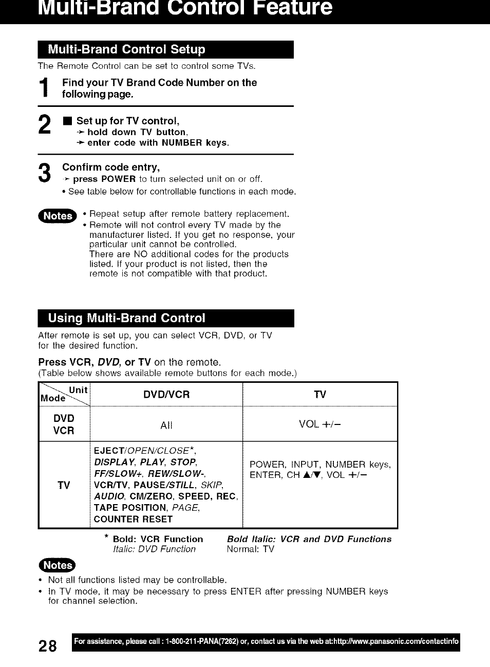 Iviuiti-brand control feature, Multi-brand control setup, Confirm code entry | Using multi-brand control, Multi-brand control feature ,29 | Panasonic PV-D4734S User Manual | Page 28 / 72